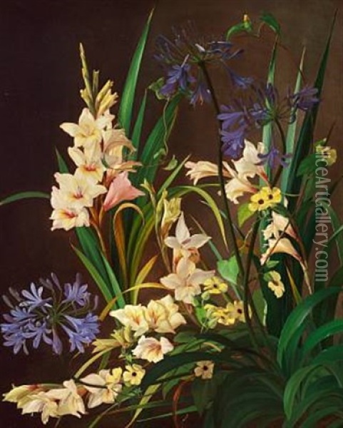 Gladiolus And Blue Agapanthus Oil Painting - Carl Vilhelm Balsgaard