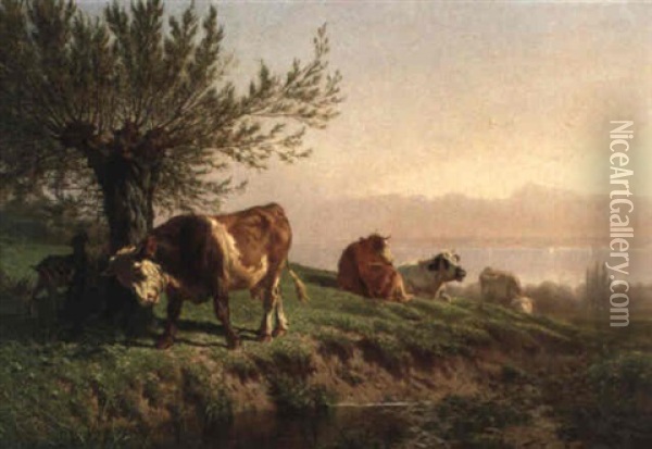 Kuhe Auf Einer Weide Am Ufer Eines Sees Oil Painting - Charles (Jean-Ch. Ferdinand) Humbert