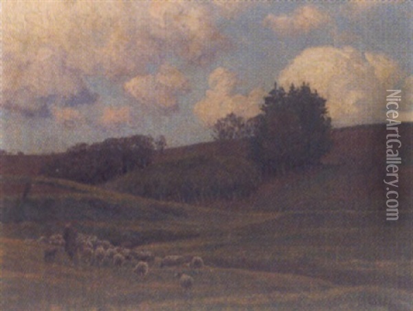 Hirte Mit Schafherde In Hugeliger Landschaft Oil Painting - Wilhelm Fritzel