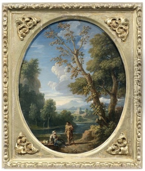 Klassische Landschaft Mit Einer Frau Und Einem Mann An Einem Flusufer Oil Painting - Jan Frans van Bloemen