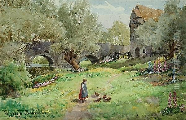 Feeding The Chickens; A Rural Cottage Oil Painting - Henry John Sylvester Stannard