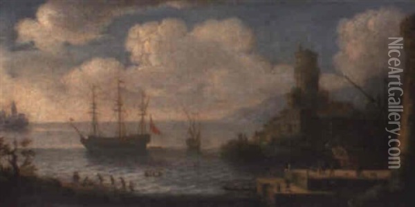 A Man-o'-war Anchored Beneath A Castle Oil Painting - Orazio Grevenbroeck