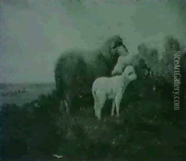 A Ewe With Her Lamb In A Landscape Oil Painting - Thomas Jose Annunciacao