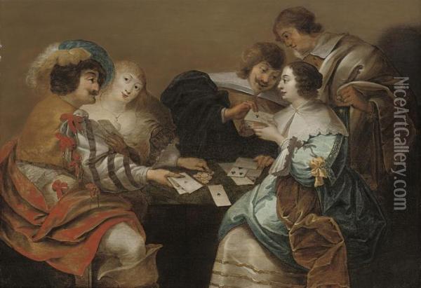 Elegant Company Playing Cards In An Interior Oil Painting - Salomon Rombouts