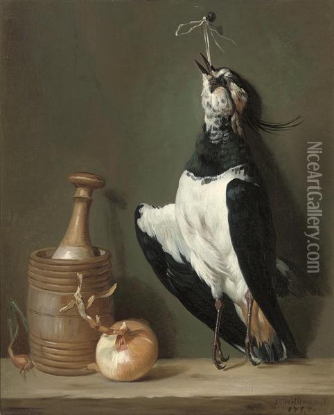 A Lapwing Suspended From A Nail With An Onion, A Shallot, And A Pestle And Mortar On A Wooden Ledge Oil Painting - Jean-Gaspard Heilmann