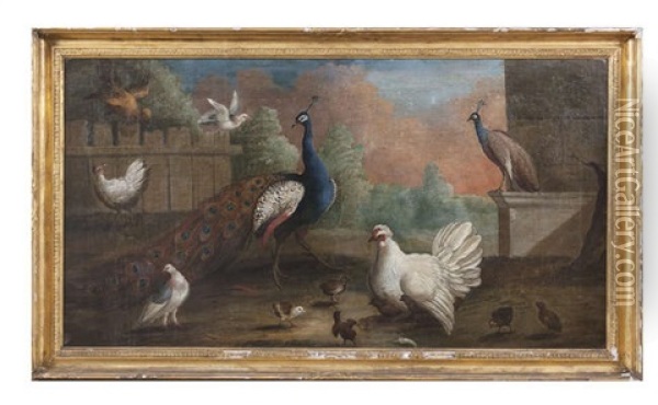 Peacocks And Domestic Fowl In An Architectural Landscape Oil Painting - Pieter Casteels III