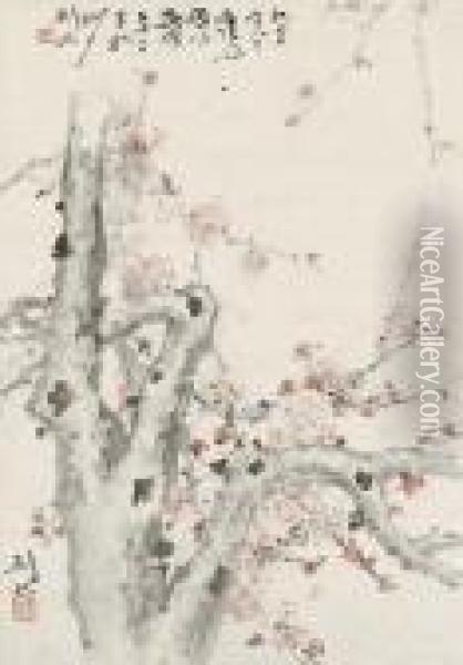 Prunus,calligraphy In Cursive Script Oil Painting - Gao Jianfu