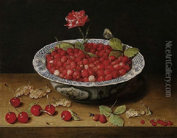 A Still Life Of Wild Strawberries And A Carnation In A Ming Bowl, With Cherries And Redcurrants On A Wooden Ledge Oil Painting - Jacob van Hulsdonck