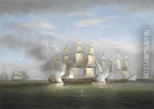 H.m.s. Arethusa And The British Frigates Flora, Melampus, Concorde And Nymphe, Engaging The French Frigates L'engagement, Resolue, Pomone And Babet Off Guernsey, 23rd April 1794 Oil Painting - Thomas Luny