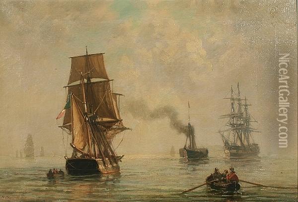 Shipping In Calm Waters Oil Painting - H. Cassinelli