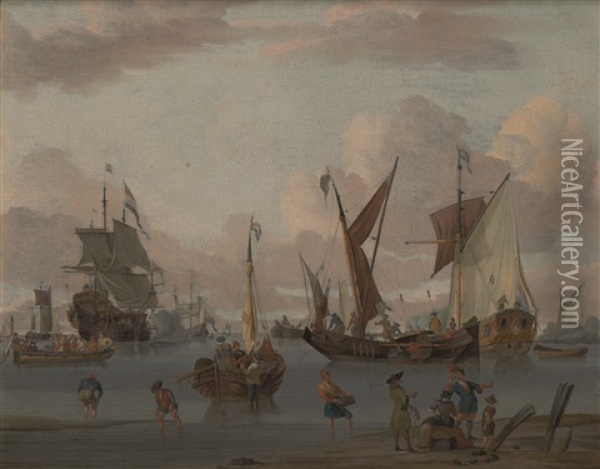 A Coastal Landscape With Dutch Sailing Ships Being Offloaded Near The Beach, Other Ships Firing Salutes In The Background Oil Painting - Johannes de Blaauw