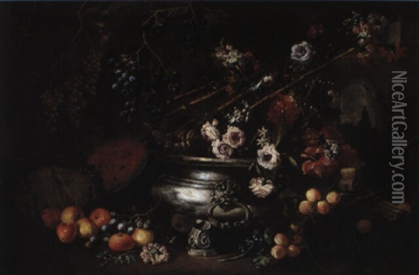 Nature Morte Aux Fruits, Fleurs Et Pieces D'orfevrerie Oil Painting - Tommaso Realfonso