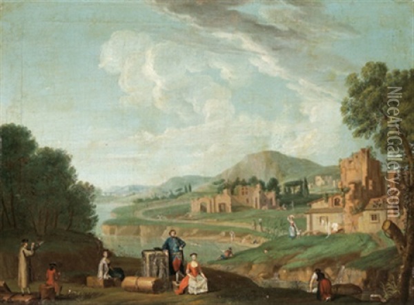 Paesaggio Fluviale Con Rovine E Figure Oil Painting - Giovanni Battista Cimaroli