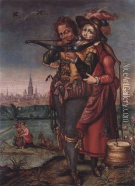 A Crossbowman And A Maid In A Landscape Before A Town Oil Painting - Hendrik Goltzius
