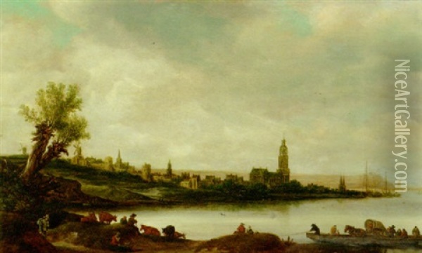 A View Of Rhenen From The South West, With Peasants And Cattle On The Bank Of The River Rijn Oil Painting - Salomon van Ruysdael