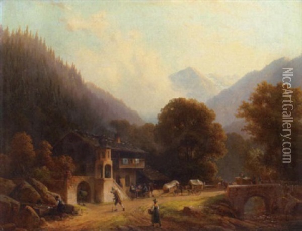 A Wooded Alpine Landscape With Figures On A Path In The Foreground Oil Painting - Anton Doll