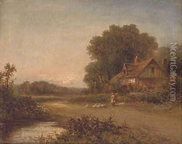 Feeding the geese outside a cottage Oil Painting - Henry Maidment