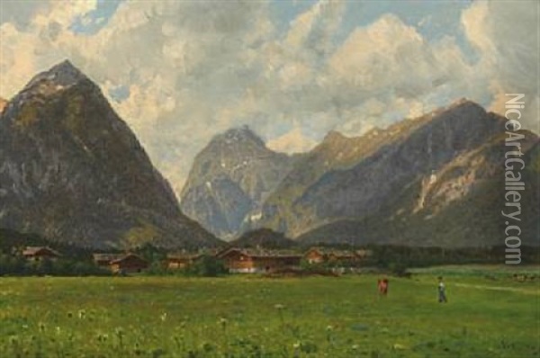 Mountain Landscape With Grazing Cows And Houses In The Background Oil Painting - Godfred Christensen
