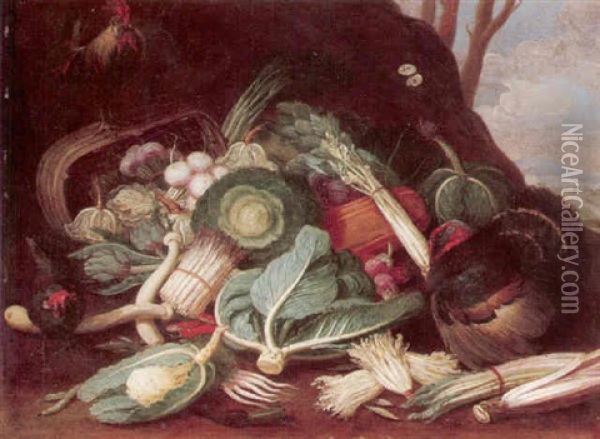 Still Life Of Vegetables, Together With A Turkey, A Cockerel And A Hen Oil Painting - Jan van Kessel the Elder