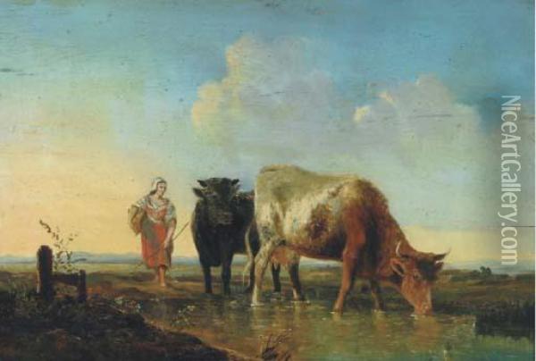 Cows Watering In A Stream Oil Painting - Victor Emile Cartier