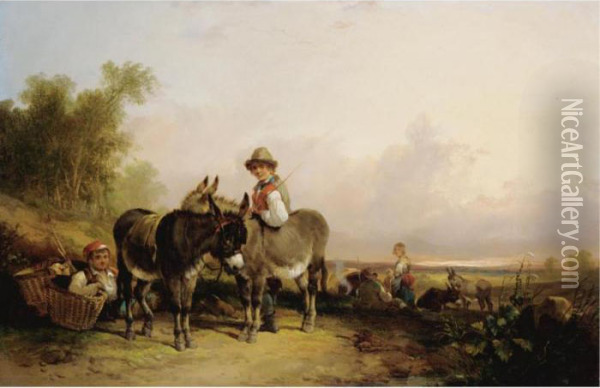 Boys And Donkeys Resting Along A Wayside Oil Painting - Snr William Shayer