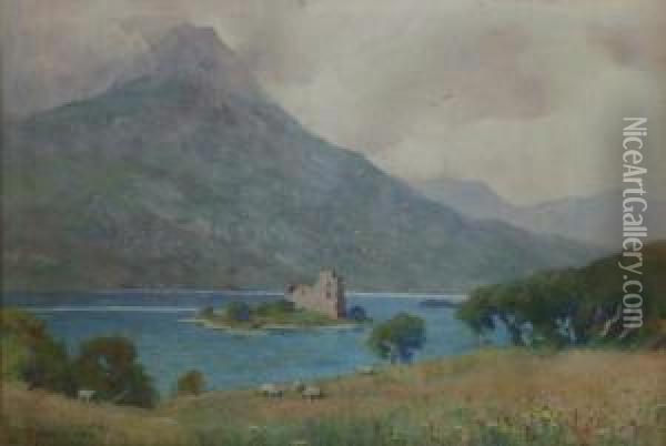 A Scottish Summer Landscape With Ruin On A Loch Island, Mountains Beyond. Oil Painting - Alfred Heaton Cooper