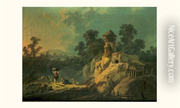 Le Repos Des Bergers Dans Un Paysage Domine Par Une Tour Oil Painting - Jean Baptiste Pillement