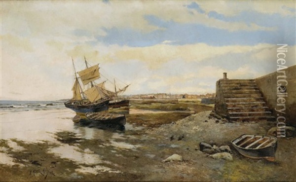 Barcos En Un Puerto Del Norte Oil Painting - Juan Martinez Abades