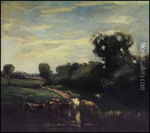 Cattle Watering Oil Painting - John A. Hammond