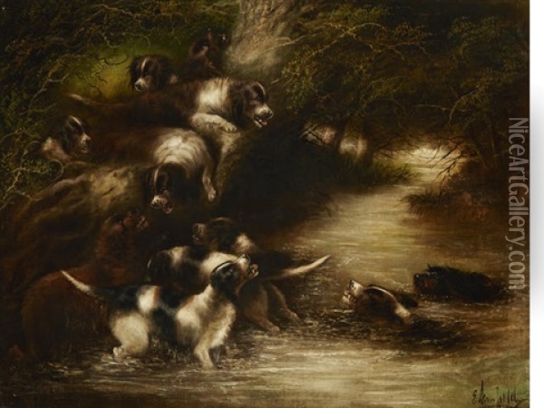Otterhounds In Pursuit (pair) Oil Painting - Edward Armfield