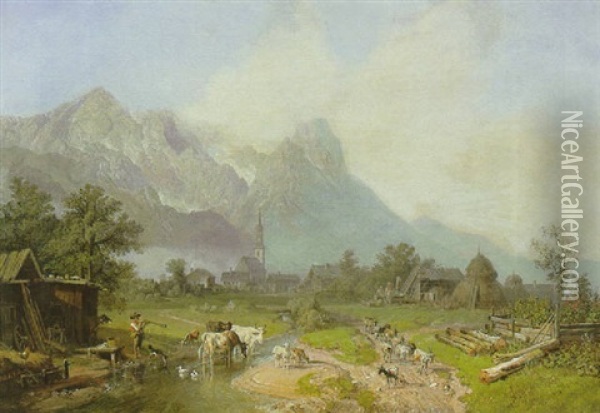 Dorf Mit Kirche - Garmisch Mit Blick Auf Das Wettersteingebirge Oil Painting - Heinrich Buerkel