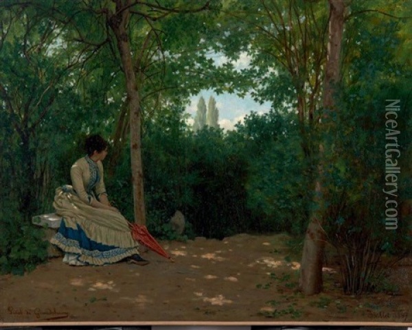 Jeune Femme A L'ombrelle Dans Un Sous-bois Oil Painting - Louis Emile Pinel De Grandchamp