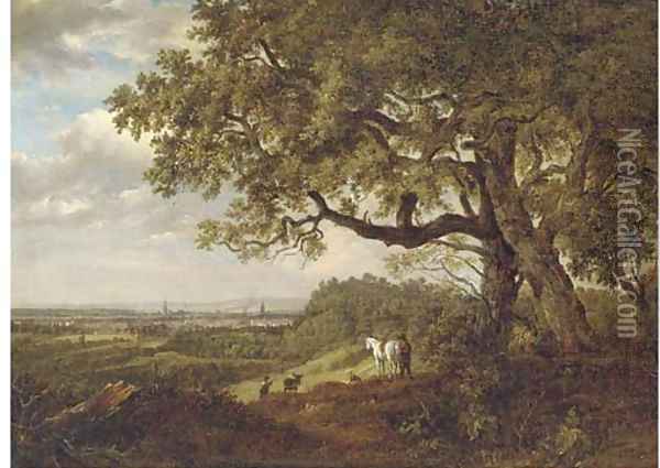 Figures on a viewpoint overlooking a town Oil Painting - Patrick Nasmyth