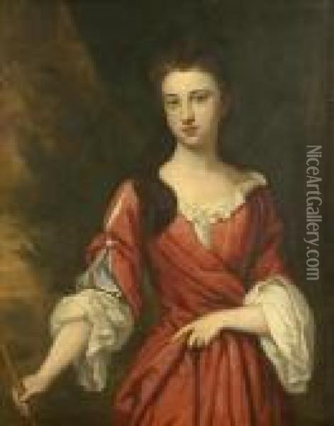 Portrait Of A Young Noblewoman, Three-quarter Length, Standingbefore A Wooded Landscape Oil Painting - Sir Peter Lely
