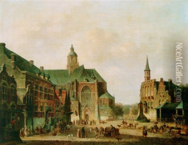 A Busy Day On A Townsquare Oil Painting - Cornelis de Kruyff