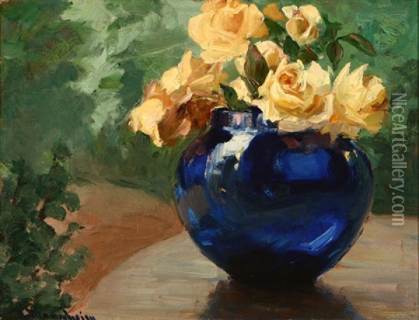 Still Life With Yellow Roses And Cobalt Blue Vase Oil Painting - Jean Mannheim
