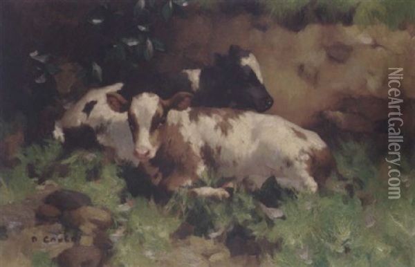 Two Calves By A Bank Oil Painting - David Gauld