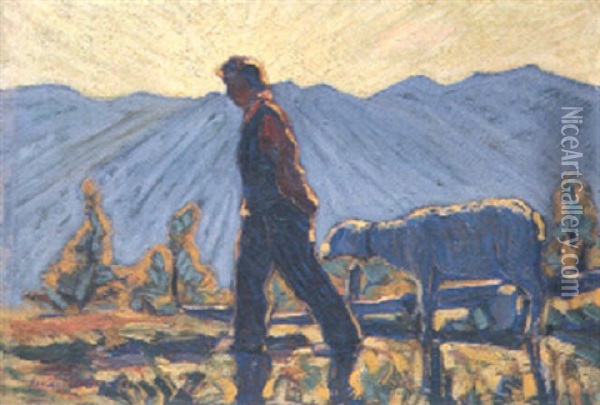 Bauer Mit Schaf Im Hochgebirge Oil Painting - Oscar Wilhelm Luethy