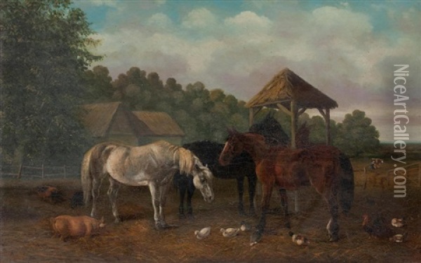 Horses And Other Animals In A Farm Yard Oil Painting - John Frederick Herring the Elder