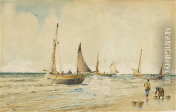 Pescadores En La Playa Oil Painting - Tomas Campuzano Y Aguirre