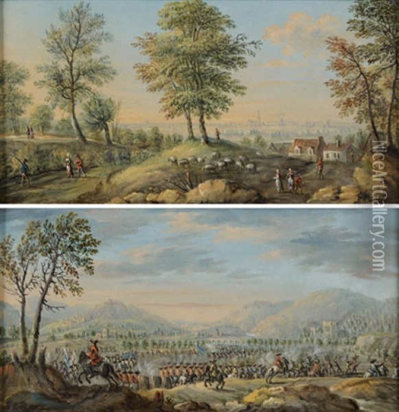 Scene De Bataille (+ Promeneurs Sur Un Chemin; Pair) Oil Painting - Orazio Grevenbroeck