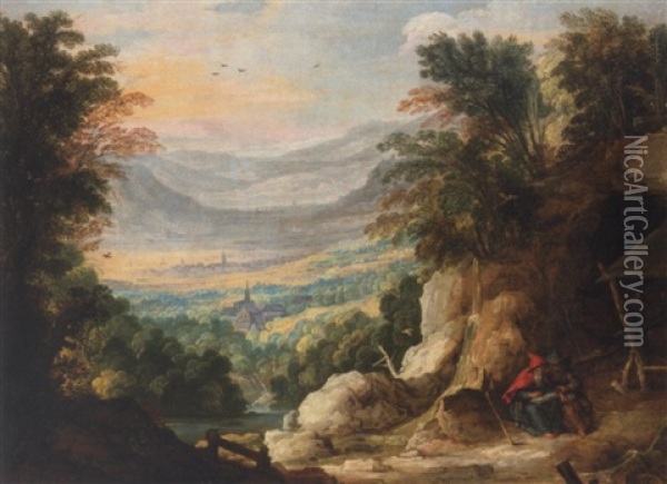 An Extensive Mountainous Landscape With Two Hermits Reading In The Foreground Oil Painting - Joos de Momper the Younger