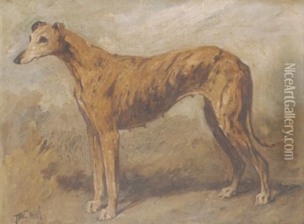A Brindle Greyhound In A Landscape Oil Painting - John Emms