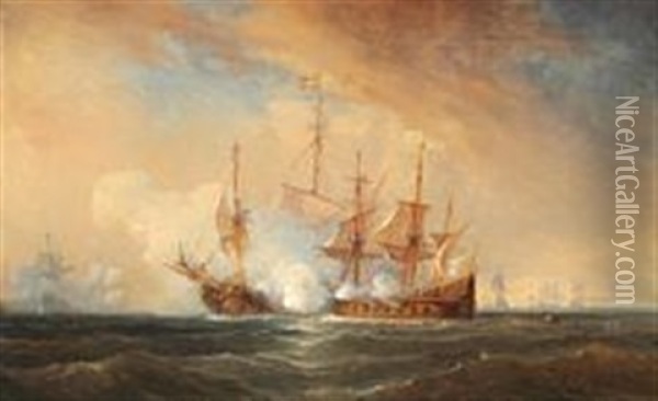 The Maltese Fleet In A Naval Battle Oil Painting - Antoine Leon Morel-Fatio