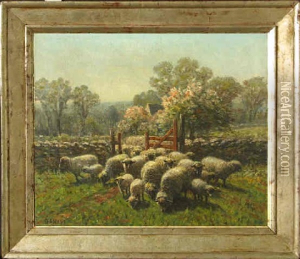 Sheep In Pastoral Cottage Landscape Oil Painting - George Arthur Hays