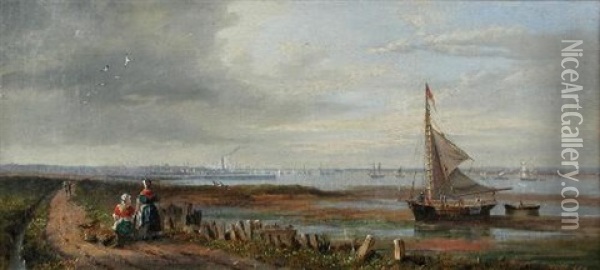 A View Of Middlesborough With Fisherfolk In The Foreground Oil Painting - John Wilson Carmichael