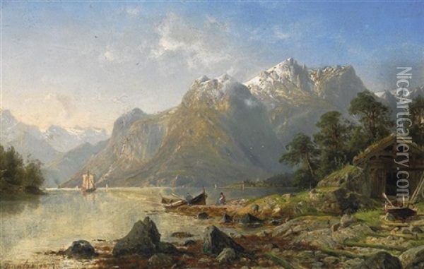 Der Fjord Von Romsdalen In Norwegen. Vorn Am Ufer Fischer Vor Ihrer Kate Oil Painting - Johannes Bartholomaeus Duntze