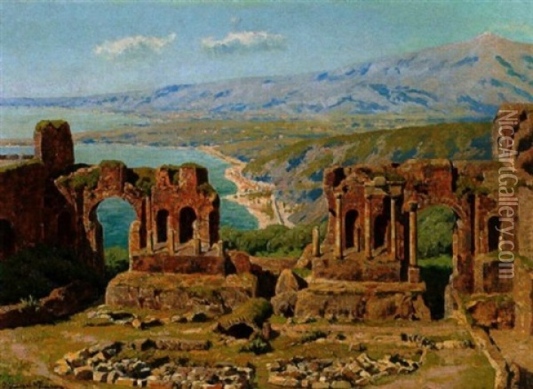 Ruinen Von Taormina Vor Dem Hintergrund Des Atna Oil Painting - Otto Guenther-Naumburg