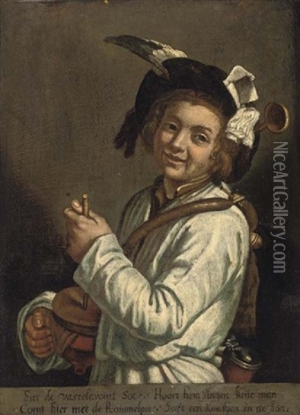 Portrait Of A Boy Playing A Rommelpot Oil Painting - Jan Van Bijlert