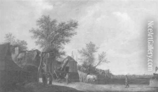 Weite Landschaft Mit Bauernhofen Und Bauern, Tieren Und Fahrzeugen Vor Einem Wirtshaus Oil Painting - Pieter Nolpe